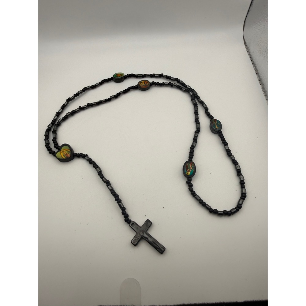 Black Bead Rosary Necklace with Religious Icon Charms and Cross Pendant Gothic